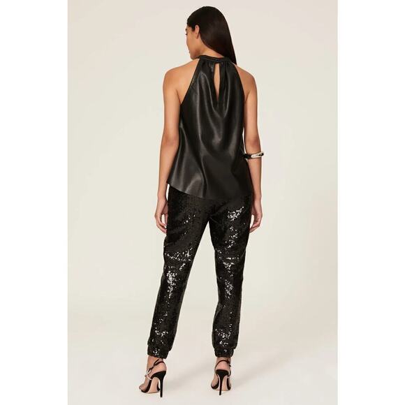 Joie Bonita Top Faux Leather Gathered Halter Neck Sleeveless Keyhole Black Small - Picture 3 of 8